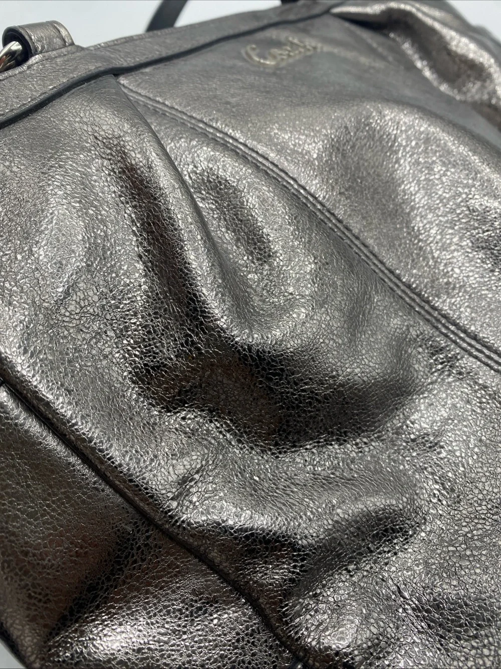 Y2K Coach Metallic Gray Leather Double Handles Zipper Closure Tote Shoulder Bag